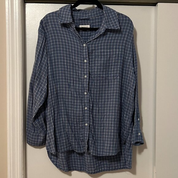 American Eagle Oversized Button Down Flannel, Blue Plaid, Size S - Picture 2 of 7